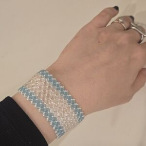 Tila Bead bracelet Herringbone Opalescent White Miyuki Wide Iridescent Blue Trim